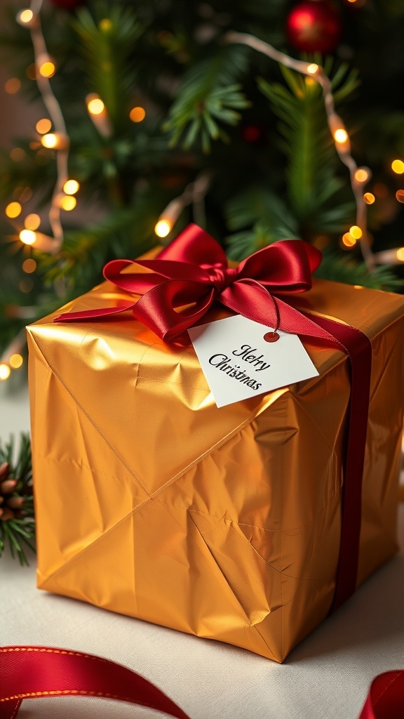 An elegantly wrapped Christmas gift with gold paper and red ribbon on a festive table.